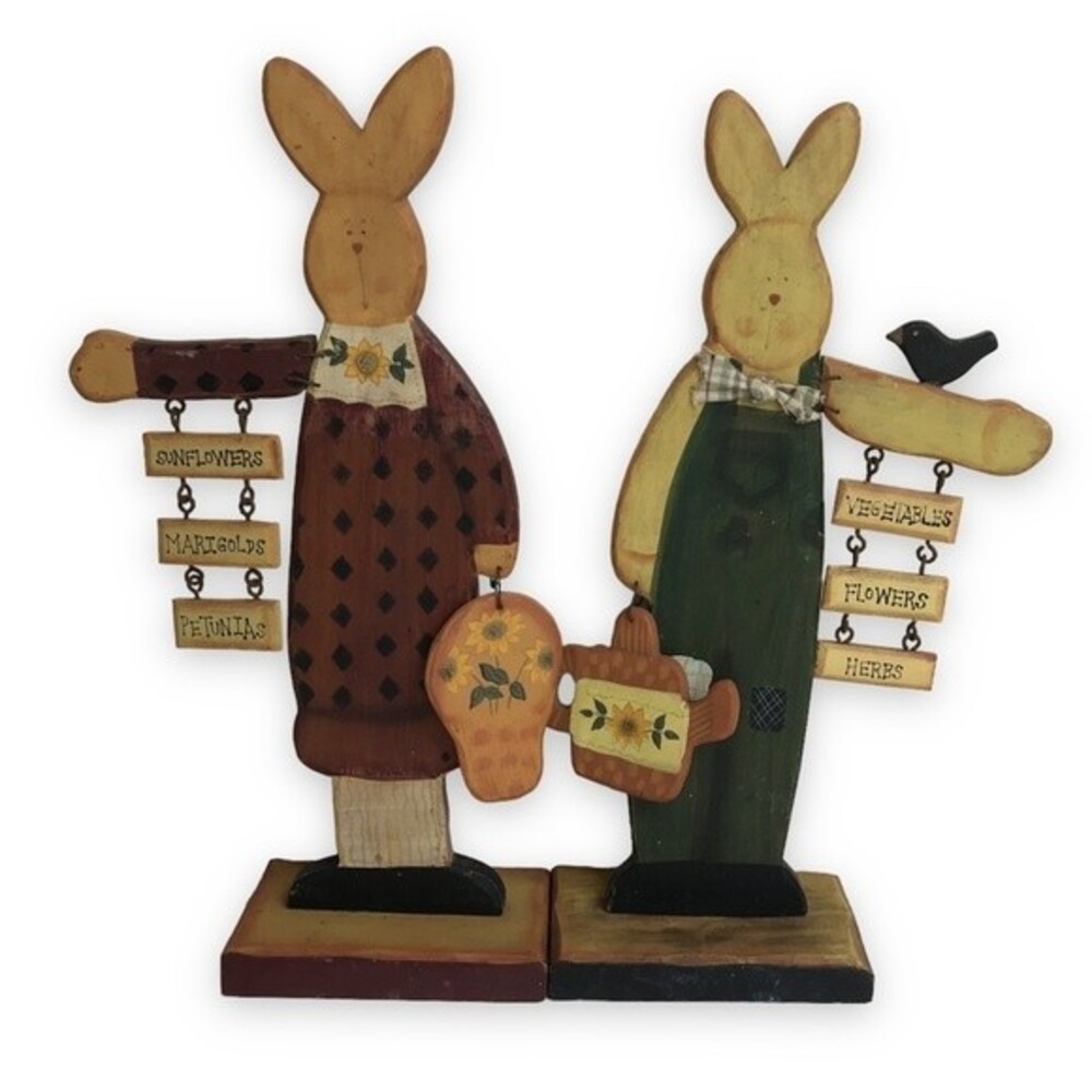 Vintage Pair Rabbits Bunnies Folk Art Free Standing Hanging Signs Decoration